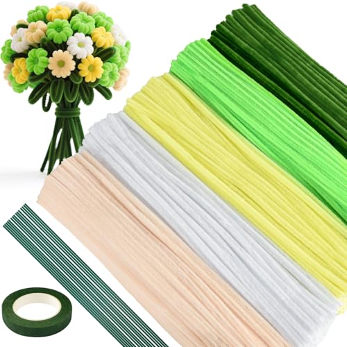 Image of ASTARON 521 Pcs 5 Colors Art Chenille Stems Pipe Cleaners Flower Making Kit | Green Yellow Craft Pipe Cleaners,20 Floral Wires,Green Gardening Tape, Flowers Making Kit,Polyester Fluffy Pipe Cleaners Set
