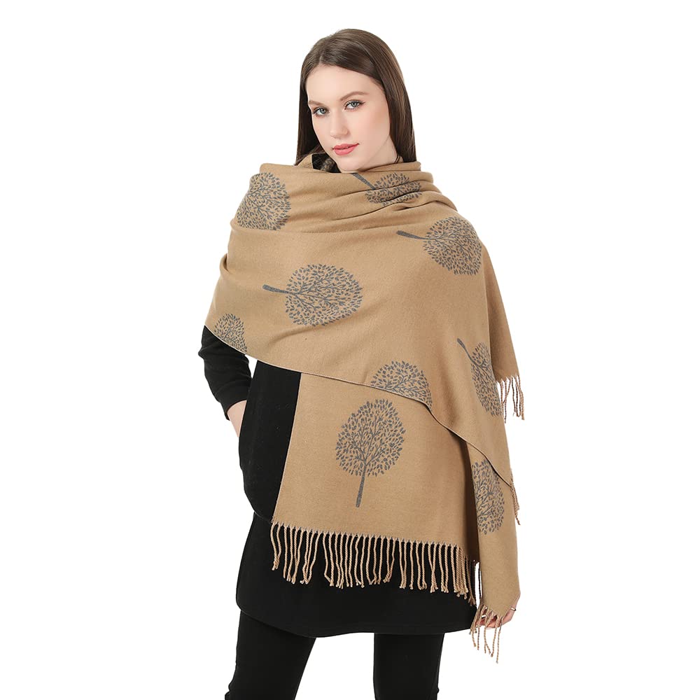 London Scarf Mulberry Tree Scarf Reversible Long Cashmere Soft Women Ladies Tree Of Life (Gold/Grey)