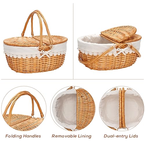 Wicker Picnic Basket with Removable Liner, Empty Picnic Baskets with Lid, Vintage-Style Picnic Hamper with Folding Woven Handle for Picnic, Camping, Outdoor, Halloween, Thanks Giving, Birthday (Cream)