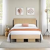 GarveeHome Queen Metal Bed Frame, with Natural Rattan Headboard and Sturdy Wooden Footboard, Bohemian Platform Bed Frame Underbed Storage, Noiseless Design, No Spring Box Required, Oak