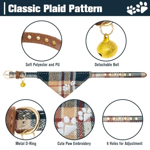 EXPAWLORER Dog Collar and Lead Set, Classic Plaid Bow Tie and Embroidery Pawprint Bandana Dog Collar with Bell - Image 4