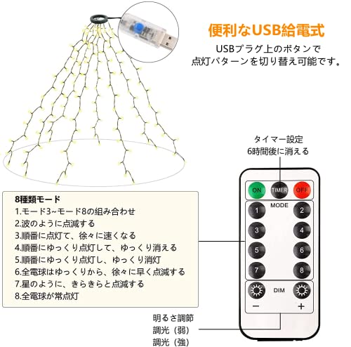 イルミネーションライト クリスマスツリー飾りライト 2M 8本