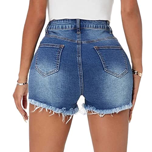 Tunlaud Women High Waisted Ripped Stretchy Hot Jeans Shorts Summer Distressed Frayed Raw Hem Denim Shorts (L, Dark Blue) #TOP1