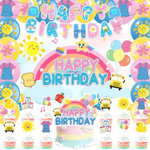 42Pcs Cartoon Teacher Birthday Party Decorations Rachel Girls Baby Shower Supplies Including Banner, Cake Toppers, Balloons, Backdrop Pink Cartoon Birthday Decorations