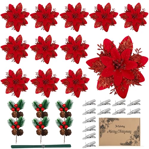 Woltoy Decoration Noel 18 Pièces Deco Noel Exterieur Interieur Maison Fleur de Noel, 12 Poinsettia Artificiel et 6 Branche de Sapin pour Decoration Sapin de Noël Guirlande Maison Fête (Rouge)