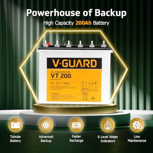 Image of V-Guard Inverter & Battery Combo (750 Pure Sine Wave 650VA / 12V Inverter, VT 200 200Ah Tall Tubular Battery) for Home, Office & Shops