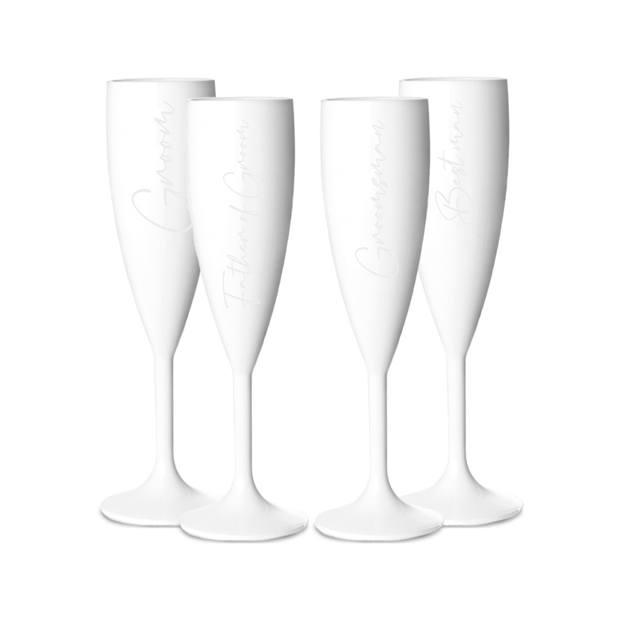 Print Maniacs Champagne Premium White Flute Glass Bride Groom Mr Mrs Wedding Maid Honour Wine Cocktail Prosecco Celebrations Gift (White, Set of 4 Grooms Side)