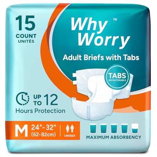 WhyWorry Adult Nappies for Women and Men, Disposable Adult Diapers for Incontinence with Overnight Absorbency, Odor Control, Unisex, Medium, 15 Count