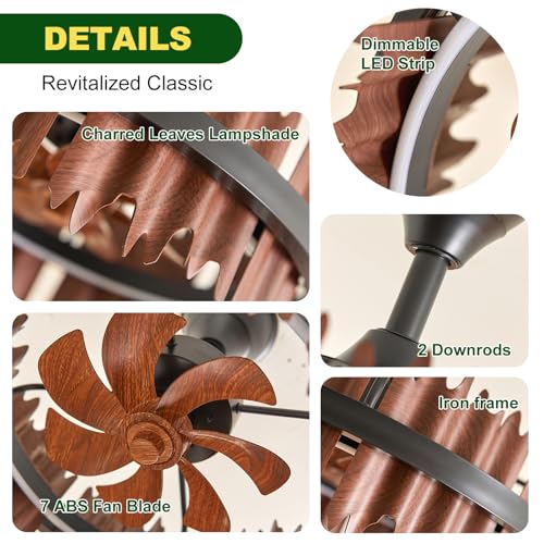 Image of 19.7 inch Rustic Caged Ceiling Fan with Light, Farmhouse Wood Fandelier Ceiling Fan, 6 Speed and Reversible, Dimmable LED Chandelier Fan with Charred Leaves for Bedroom, Kitchen, Living Room