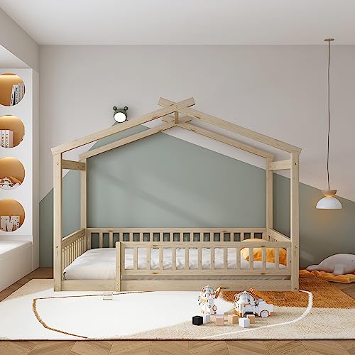 Deinppa Full Kids House Bed With Fence Guardrails And Slat, Kids Floor Bed With Roof Design, Wood Bed Frame For Kids Toddler Boys Girls-Natural #TOP8