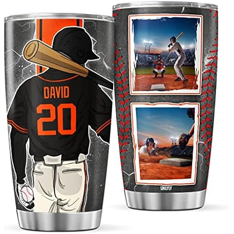 UNILYLY Personalized Photo Tumbler Baseball Players Picture Frame Insulated Mug With Lid Large Travel Cup Gifts For Boys Teens Men Sports Fan Large Stainless Steel Coffee Tumblers Cover