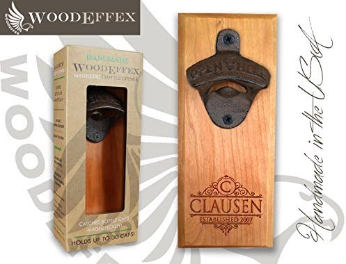 Bottle Opener Magnetic Cap Catcher - Handmade Cherry Wood with Dark Oil Bronze Opener - Personalized Family Name