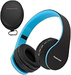 Casque stéréo sans fil PowerLocus Bluetooth circum-aural pliable, casques filaires avec réduction de bruit et microphone intégré pour iPhone, Samsung, LG, iPad (Noir/Bleu)
