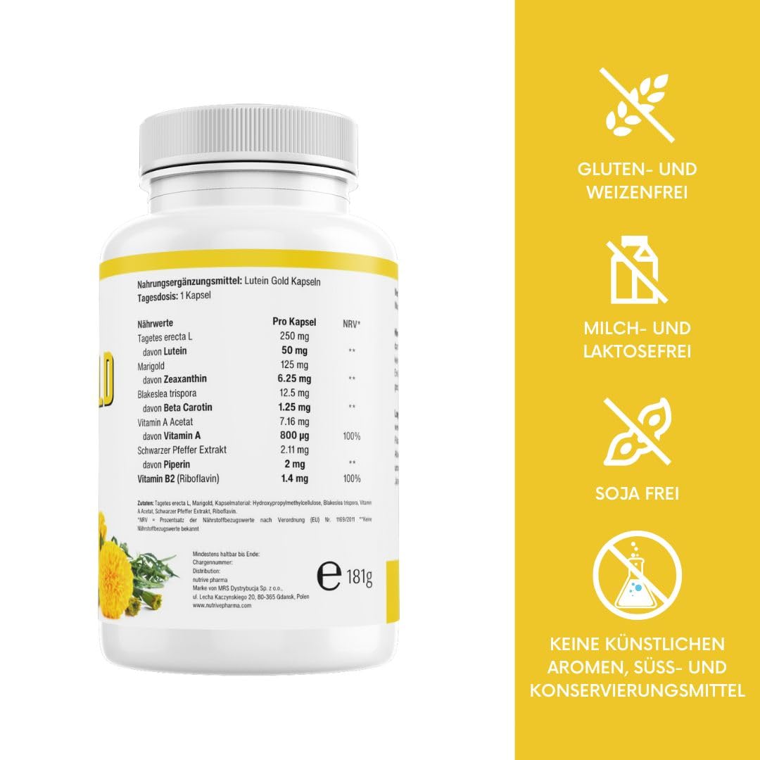 Lutein 50mg mit Zeaxanthin, Beta Carotin, Vitamin A & B2, Piperin | 365 Kapseln | Augengesundheit & Blaulicht-Schutz | Gentechnik- & glutenfrei | von nutrive pharma