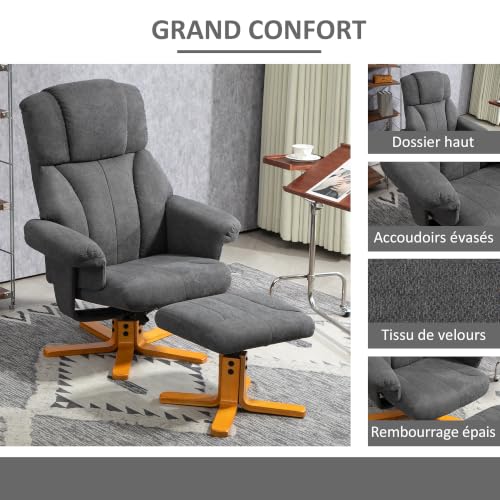 Fauteuil relax avec repose pied HOMCOM dossier inclinable assise rembourrée velours 79x80x104cm - vue 6