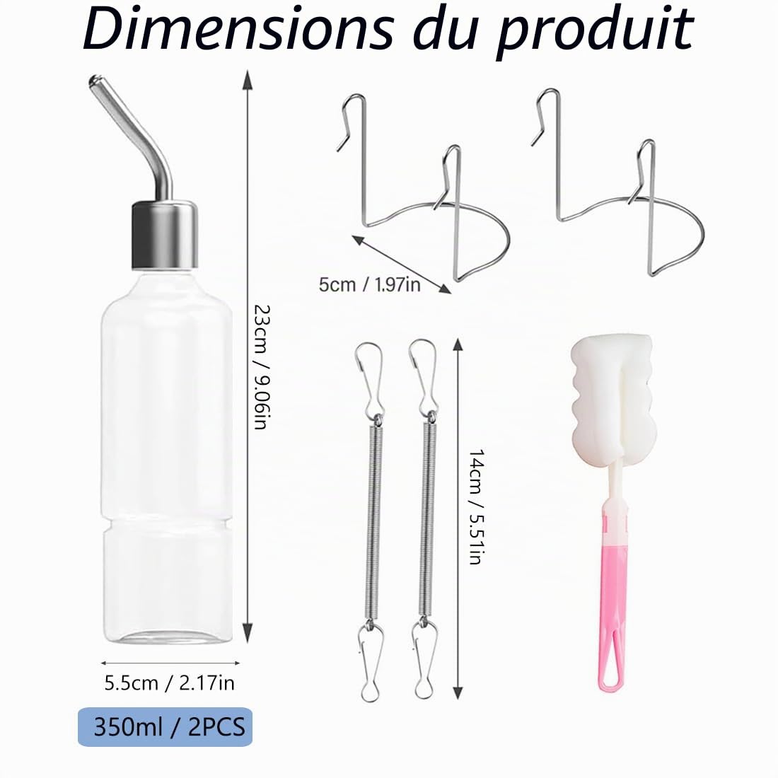 Biberon Lapin, 2 Pièces Rongeur Distributeur Eau, Suspendus Lapin Deau Distributeur, Abreuvoir pour Les Rongeurs, pour Abreuvoir Rongeur, Chatons, Chiens, Hamsters, 350 ML