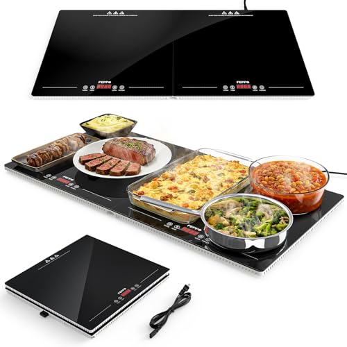 Image of FEPPO Electric Warming Tray with Independent Temp & Timer Control, 2-in-1 Modular Food Warmer for Parties Buffet, 31 inchx15 inch Glass Surface Warming Mat for Food, Ideal for Catering & Gatherings
