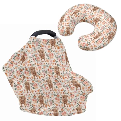Cute Highland Cow Flower Car Seat Cover with U Shaped Pillowcase Cover Set of 2, Carseat Protectors for Girl Boy, Multi-use Baby Carrier Covers, Stroller Sun Shade, Nursing Breastfeeding Covers