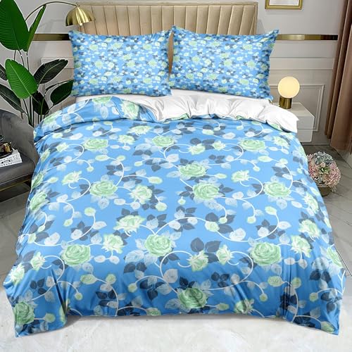 Estilo Moderno Funda Nórdica Cama, Flores Verdes Juego de Funda Nórdica 220x240 cm, Funda Nórdica Fabricada en Microfibra Suave. Incluye 1 Funda Nórdica y 2 Fundas de Almohada