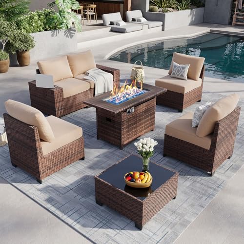 Aoxun Patio Fruniture Set with Fire Pit Table, Wicker Outdoor
