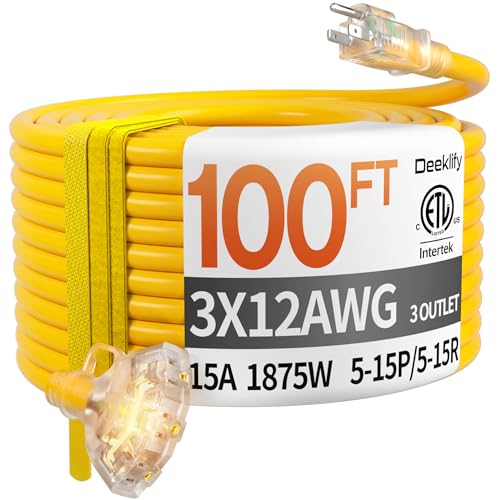 Deeklify 100ft 12 Gauge Heavy Duty 3 Outlet Extension Cord Splitter with Indicator Waterproof Outdoor Extension Cord with Multiple Outlets 15A 1875W for Garden ETL Listed Flexible Yellow SJTW