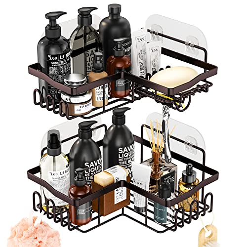 Hapirm 2-Pack Corner Shower Caddy With Soap Holder, No Drilling Shower Organizer Corner With 11 Hooks, Waterproof And Rustproof Stainless Steel Shower Shelf For Bathroom-Bronze #TOP9