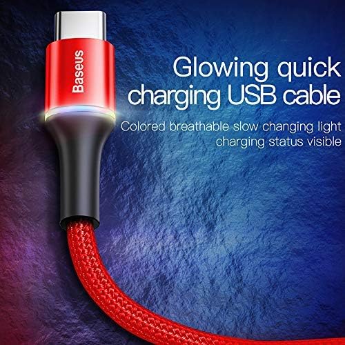 Baseus USB Type C Cable, Fast Charger 1.6FT USB-C Cable, Nylon Braided USB-A to Type-C LED Charging Cord for Samsung Galaxy S20 S10 S9 S8 Plus, Note 10 9 8, Redmi Note 8/7, Huawei, LG, NS, Red