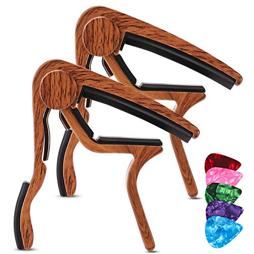 Guitar Capo for Acoustic Guitar (2 Pack), Rosewood Color Acoustic Capo with 5 Picks for Nylon Steel String without Fret Buzz, Acoustic Guitar Capo for 6 String Guitar, Electric Guitar, Bass