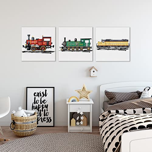 Yuzi-N Set Of 3 Steam Train Nursery Vehicle Art Posters Canvas Wall Art & Tabletop Decoration For Home Boys Bedroom, Watercolor Steam Locomotive Prints Easel & Hanging Hook 12X12 Inch #TOP3