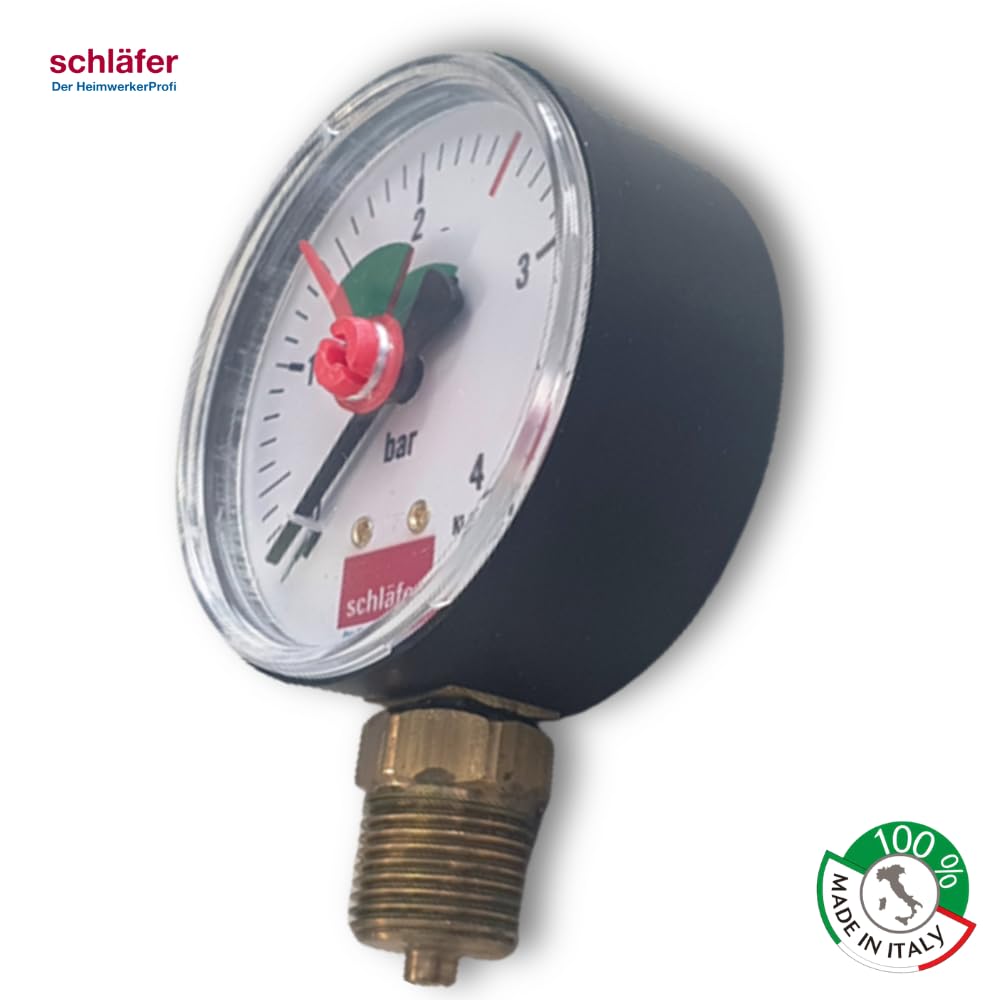 Schläfer 0930161 | Manomètre Vertical de chauffage Ø 63 mm - Connexion radial 3/8" - Échelle 0-4 bar - Aiguille rouge réglable avec zone verte - Précision classe 2,5 - Zone verte 1,5-2,5 bar.