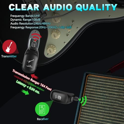 Sistema Inalámbrico UHF para Guitarra C01 (Transmisor y Receptor) - Recargable, Audio 24-bit/48KHz, Alcance de 50 m, 4 Canales, Latencia <0.04 ms para Instrumentos Musicales Eléctricos miniatura 4