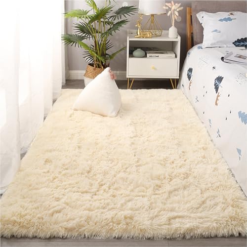 Tapis salon crème 105x295 cm rectangulaire shaggy lavable pour chambre - 8