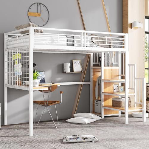 Huayz Cama infantil litera 90 x 200 cm, cama familiar con escalera y protección anticaídas, con mesa y armario, cama juvenil, cama de metal, fácil de montar, sin colchón (blanco y natural)