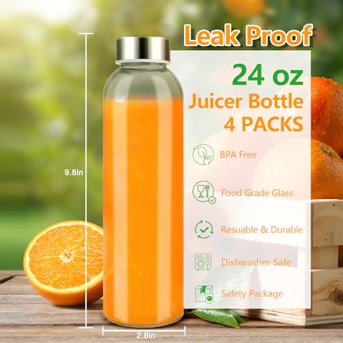 Image of Zukro 24 oz Glass Juice Bottles With Stainless Steel Lids, Airtight & Leak Proof, 4 Pack Reusable Clear Glass Jar For Juicing, Water, Homemade Drinks, Smoothie & Milk, Dishwasher Safe & BPA Free