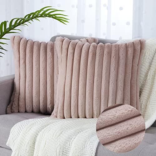 CAROMIO Fundas de Cojín Rosa 40 x 40 Cojines de Piel Sintética de Invierno Fundas de Cojines Decorativos de Rayas Mullidas para Sofá Dormitorio Sala de Estar Juego de 2 16 x 16 Pulgadas Cover