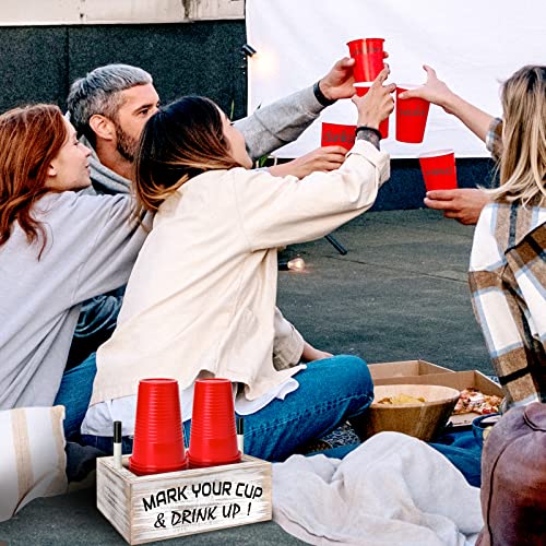 Wood Double Disposable Cup Holder with Marker Slot, Mark Your Cup and Drink Up Plastic Cup Organizer Drink Dispenser for Wedding Party Kitchen Decor - Thumbnail 4