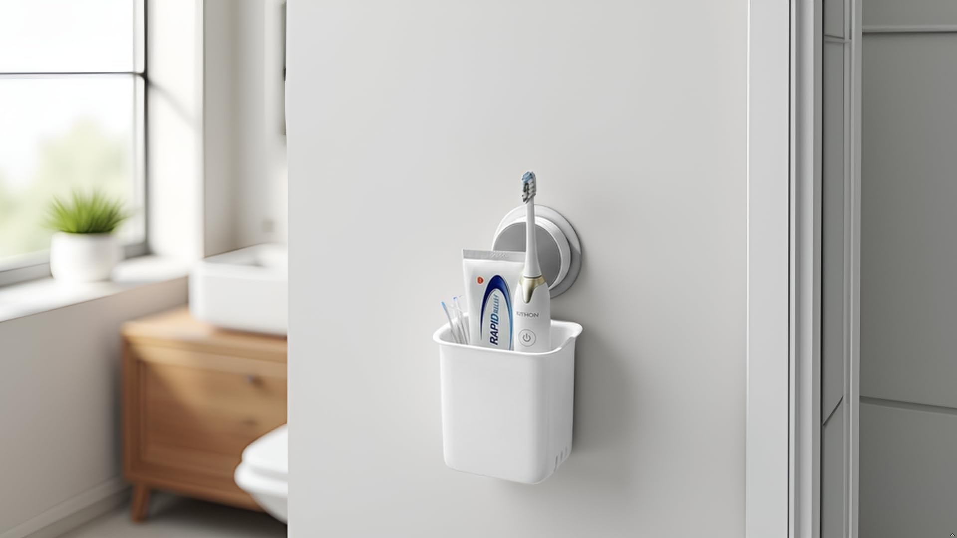 Wall-Mounted Tooth Brush Holder Bathroom - Self-Adhesive Bathroom Organiser Without Drill for Toothbrushes, Toothpaste and Makeup Brushes - Plastic Brush Holder for Bathroom (1, White)
