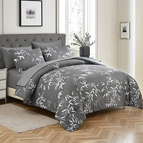 Lxworx Comforter Set Queen Size - 7 Pieces Bed In A Bag, Bamboo Leaves Bedding Set, Soft Lightweight Microfiber Grey Comforter Sets With Sheets And Pillows (Grey,Queen) #TOP1