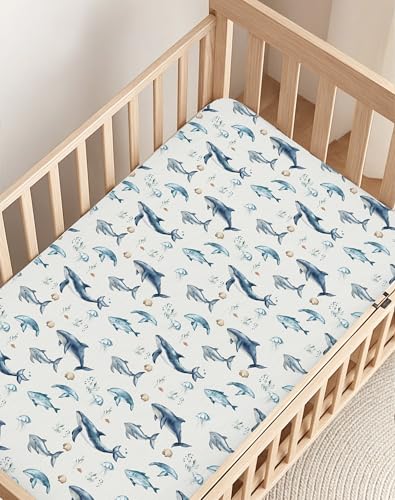 Image of Crib Sheets for Boys and Girls, 2 Pack Fitted Baby Sheets for Standard Toddler Mattress 28 inch x 52 inch, Soft Breathable Jersey Knit Baby Bedding (Aquatic Adventures)