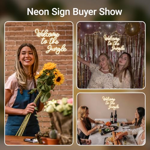 Image of Welcome to the Jungle Neon Sign Warm White Led Word Neon Light Signs for Wall Decor Usb Letter Light Up Sign for Bedroom Nursery Kids Room Garden Home Entryway Front Porch Wedding Birthday | Warm White Neon Sign, Safari Decor for Front Porches and Gardens, Gift for Families and Jungle Theme Fans