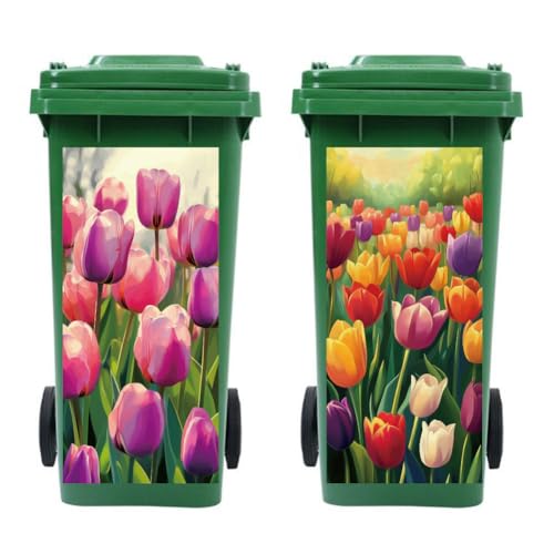 Image of Peacoblue Wheelie Bin Stickers 2 Sheets Tulips Sticky Dustbin Stickers Decals, 15 inch x 32 inch Waterproof Large Wraps for Trash Cans Bins Fridges Door Wall Garden Outdoor Indoor Patio Decor