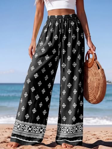 Image of PRETTYGARDEN Womens Pants Elastic Waist Floral Lightweight Palazzo Pants for Women Casual Lounge Wide Leg Pants Woman