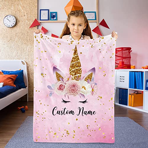 Image of Personalized Horse Blanket with Name for Girl Custom Pink Blanket for Kids