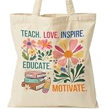 Zallobee Teacher Floral Tote Bag, Teacher Appreciation Gifts Double-Sided Print Canvas Bag with Inner Pocket for Work Shopping