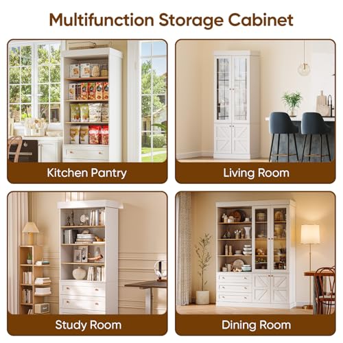 ivaniti 71\" Tall Farmhouse Kitchen Pantry, Large Storage Cabinet with Glass Doors, Adjustable Shelves, Wood Versatile Hutch Cabinet for Dining Room, Living Room(2 Pcs)