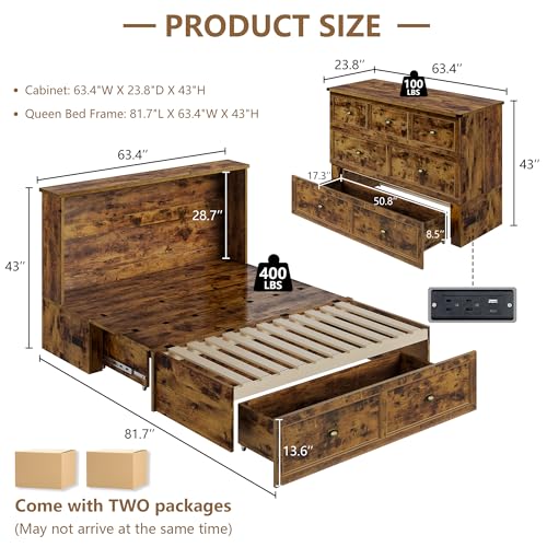 Image of AMERLIFE Queen Size Murphy Bed, Farmhouse Wooden Cabinet with Charging Station and Storage Drawer for Bedroom /Office /Guest Room, Rustic Brown