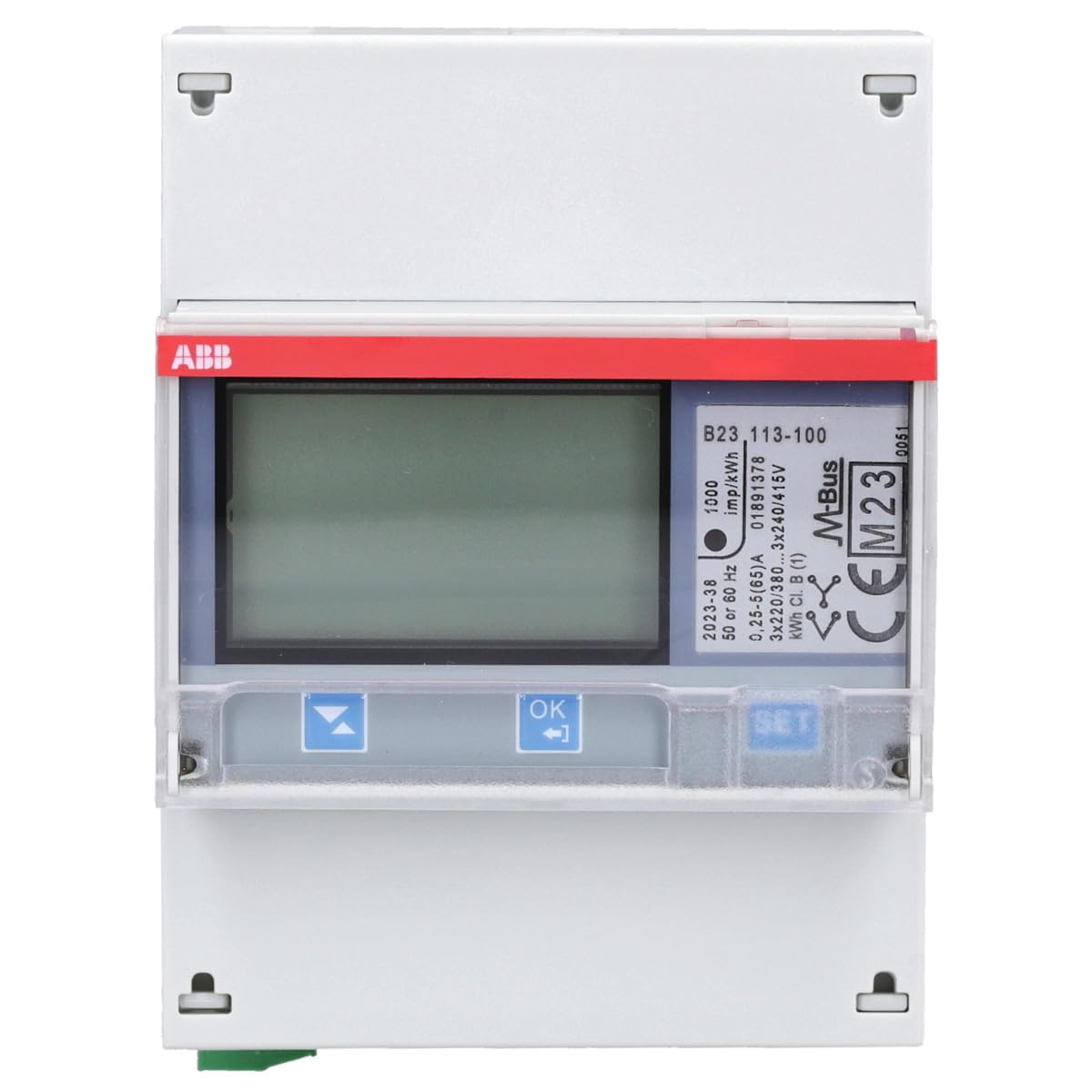 Contador de energía eléctrica B23 113-100, digital, clase de energía activa ± 1%, 3 fase, subfunción acero, M-bus (Referencia: ABB 2CMA100165R1000)