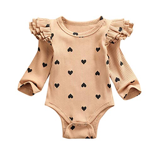 fhutpw Baby Girls Romper Bodysuit Jumpsuit Solid Color Long Sleeve Ruffled Newborn Autumn Outfit (G-Dark Brown, 12-18 Months)