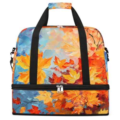Foldable Carry On Bag for Travel, Expandable Duffle Bag with Shoe Compartment, Autumn Maple Leaf Oil Painting Lightweight Sports Gym Tote with Trolley Sleeve - Main Image