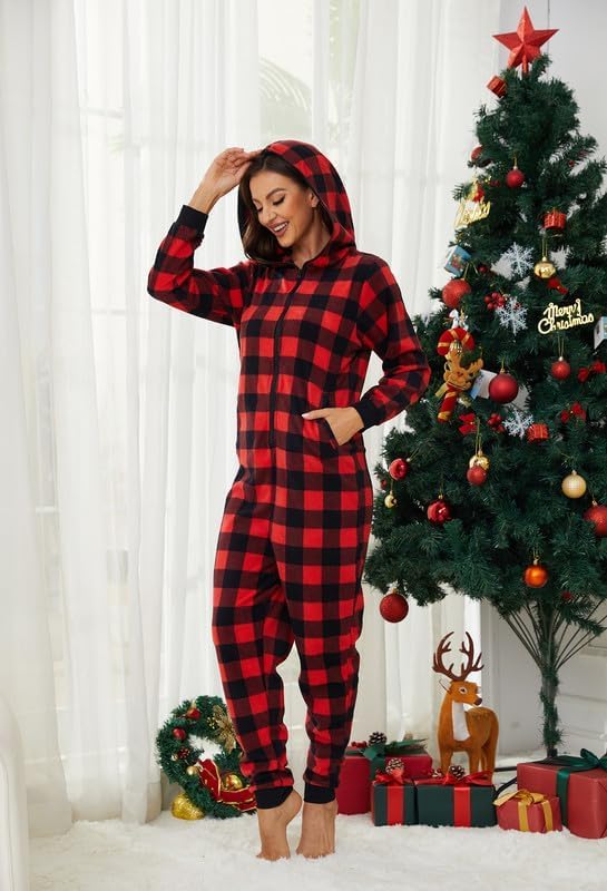 U2SKIIN Couple Onesie Pajama Sets, Hooded Zipper Christmas Matching Plaid Pjs Set for Men and Women Soft Warm Jumpsuit - Image 5